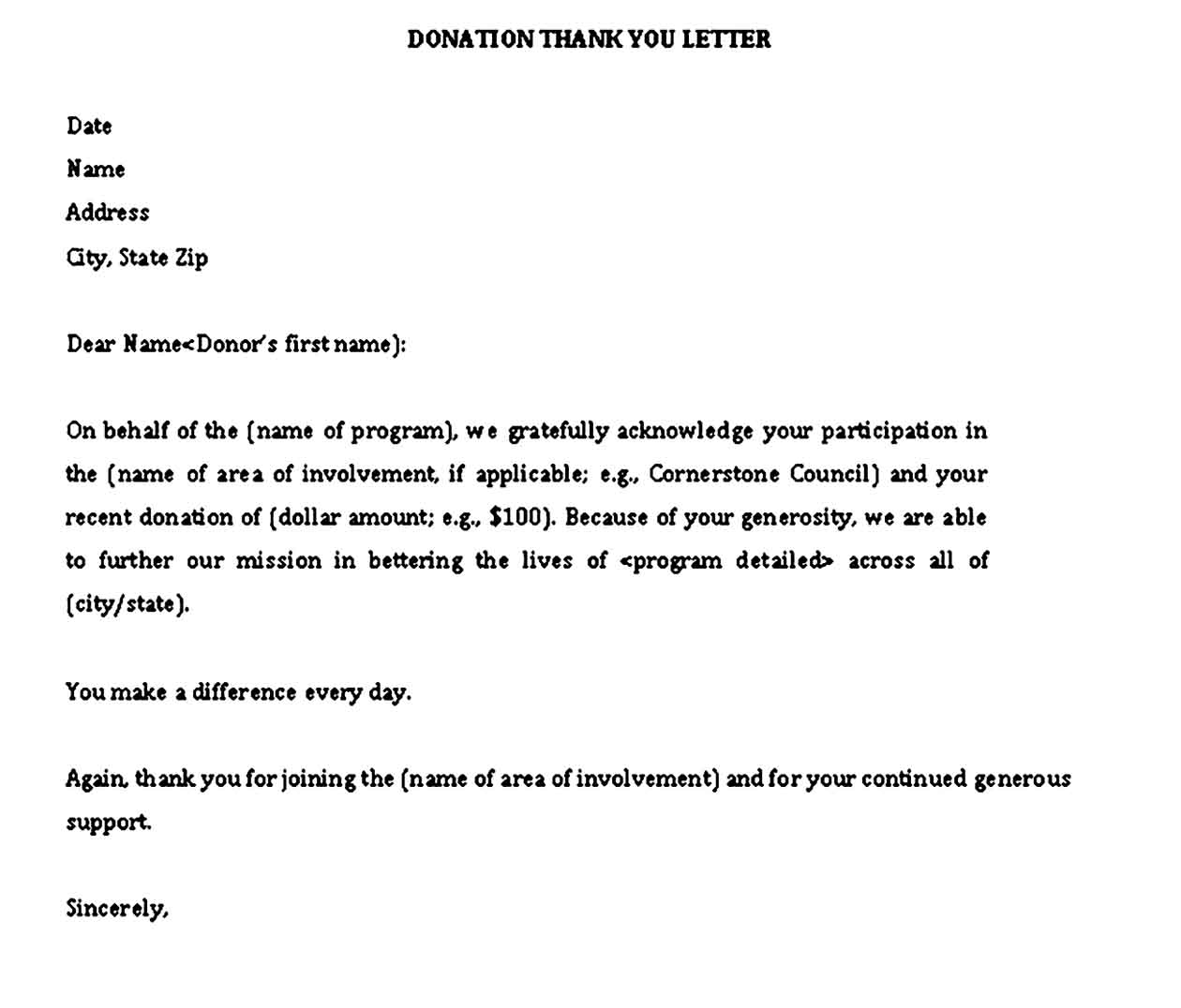 DONATION THANK YOU LETTER