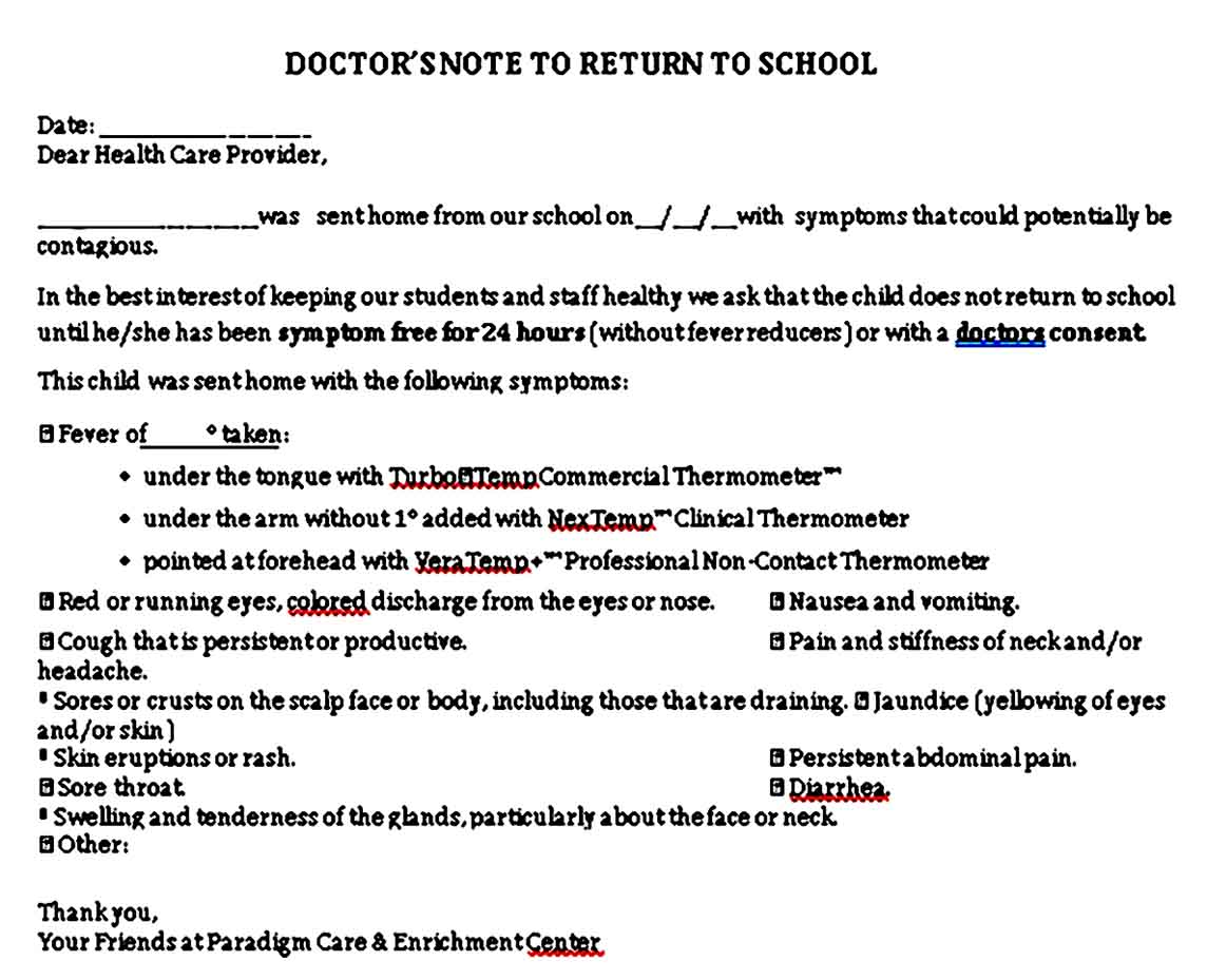 Doctors Note to Return to School
