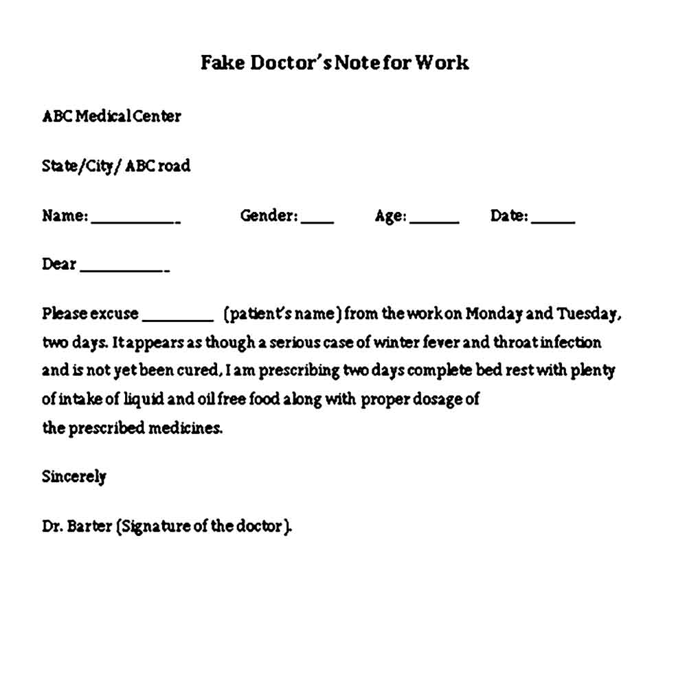 Fake Doctor’s Note for Work Word Free Download