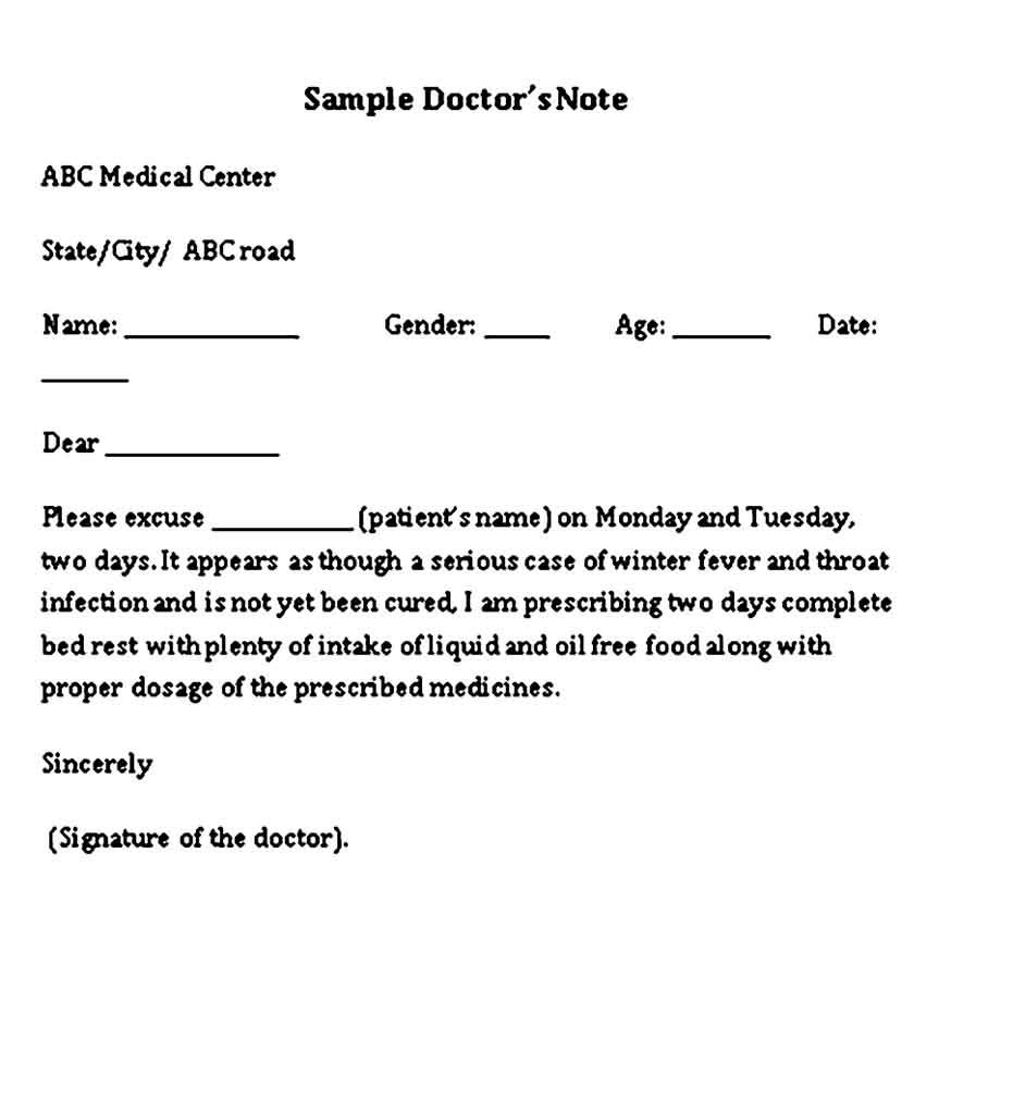 Medical Doctor Note for College Student Free Word