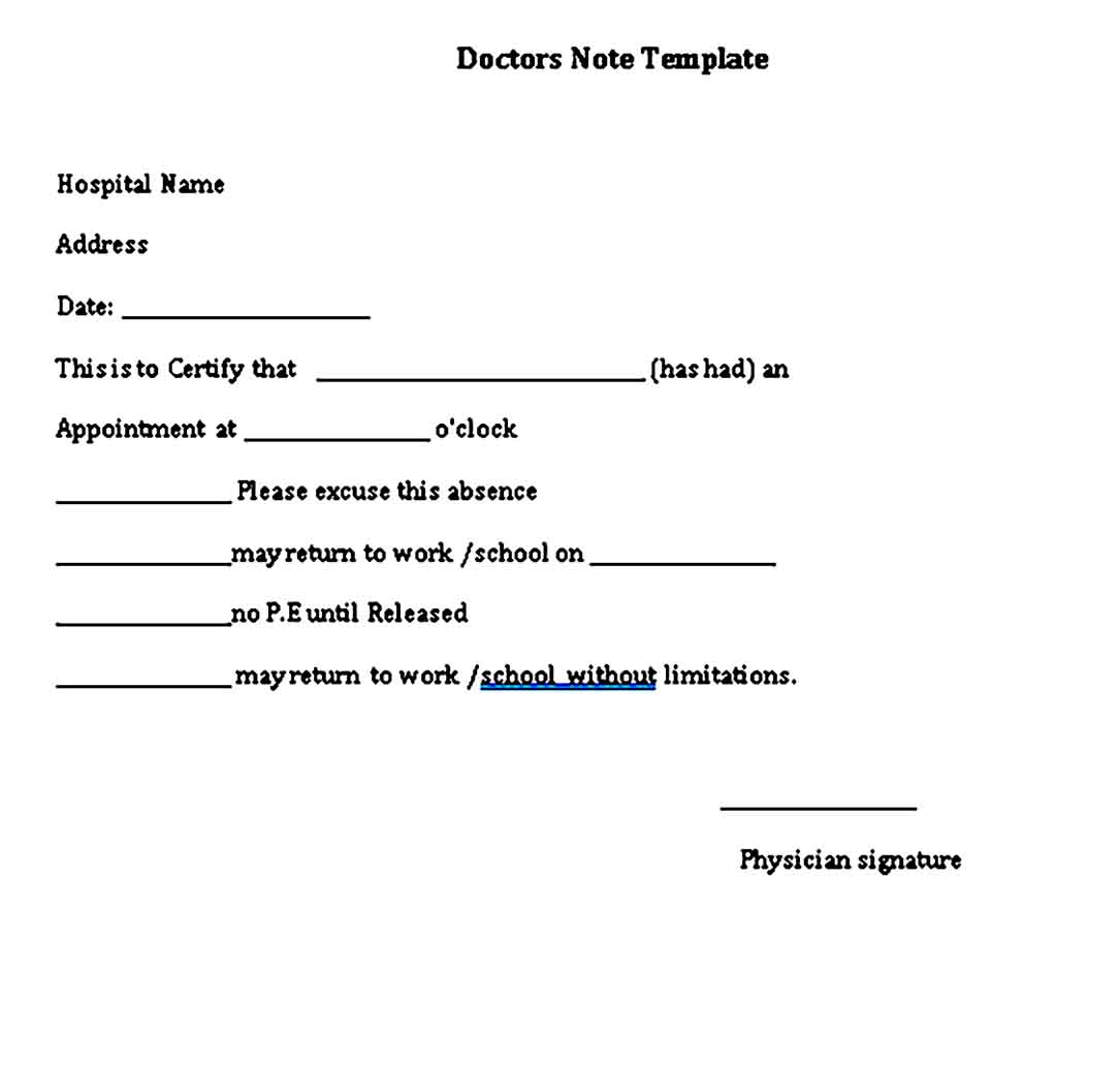 Medical Doctors Note for Work Word Free Template