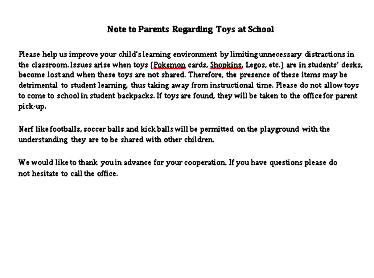 Note Regarding Toys at School
