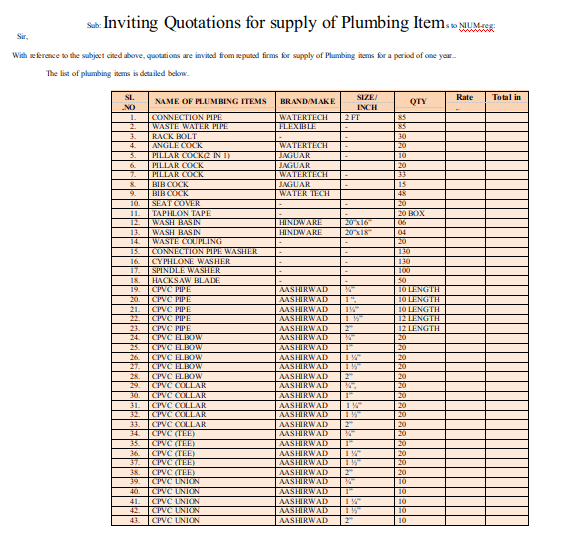 Quotations for Supply of Plumbing Items