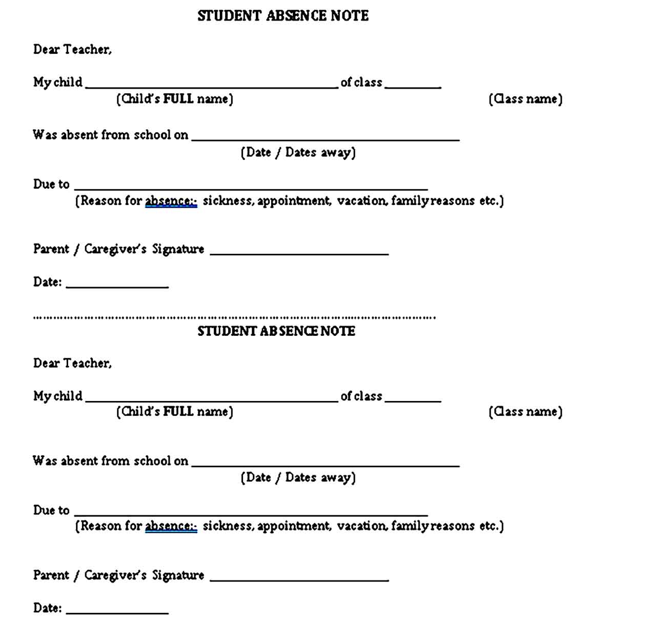 STUDENT ABSENCE NOTE