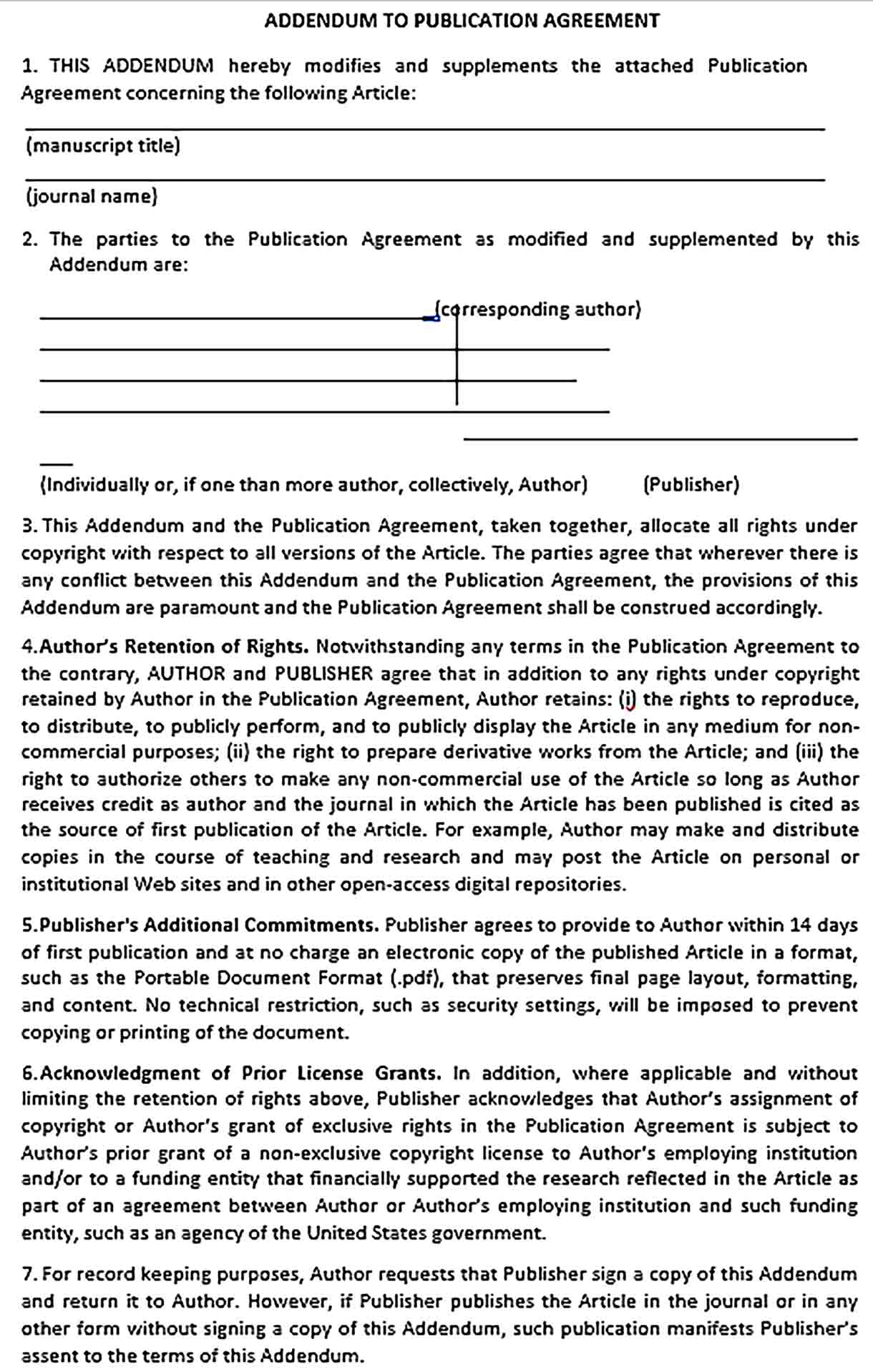 Sample Addendum to Publication Agreement