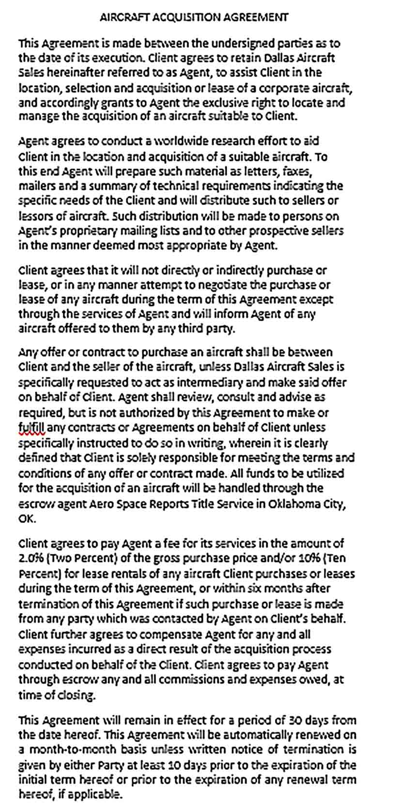 Sample Aircraft Acquisition Agreement