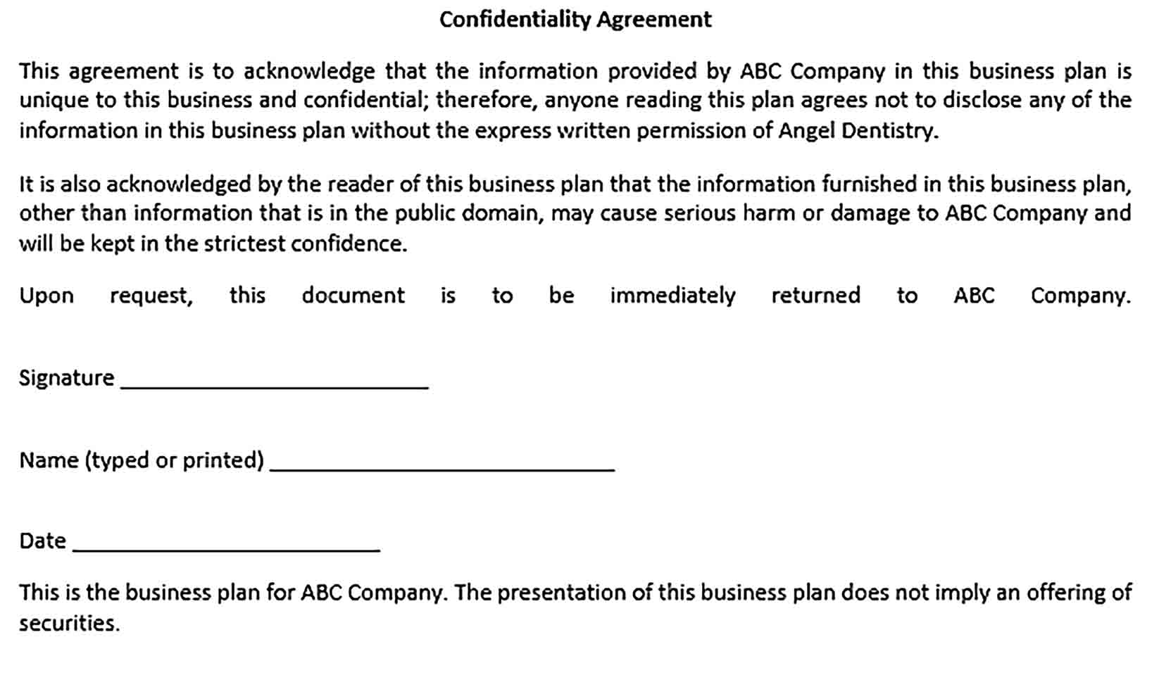 Sample Basic Confidentiality Agreement for Business