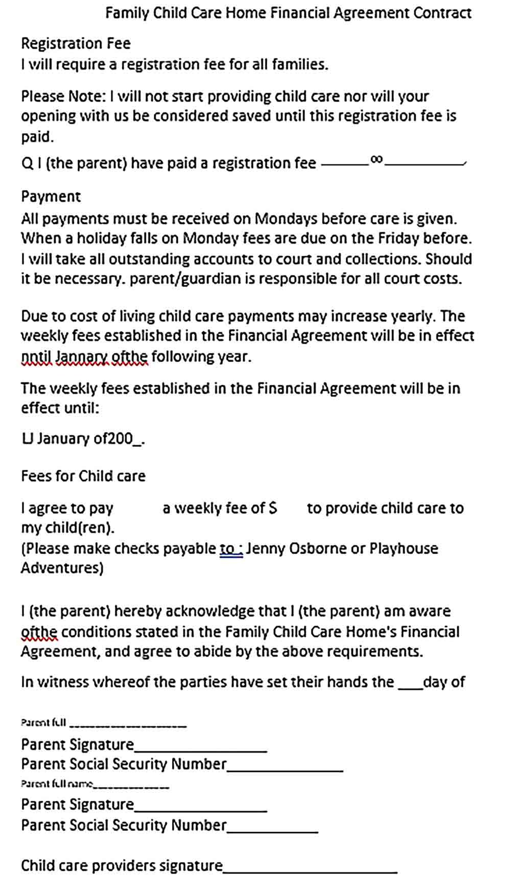 Sample Child Care Financial Agreement