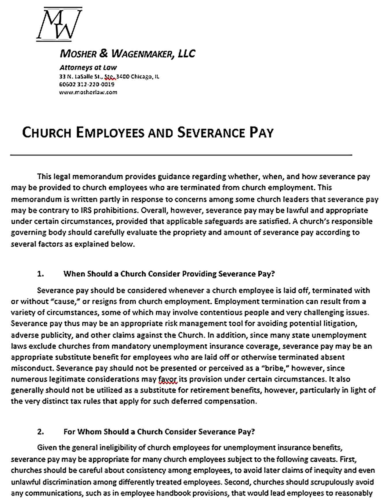 Sample Church Confidentiality Agreement Employees and Severance Pay