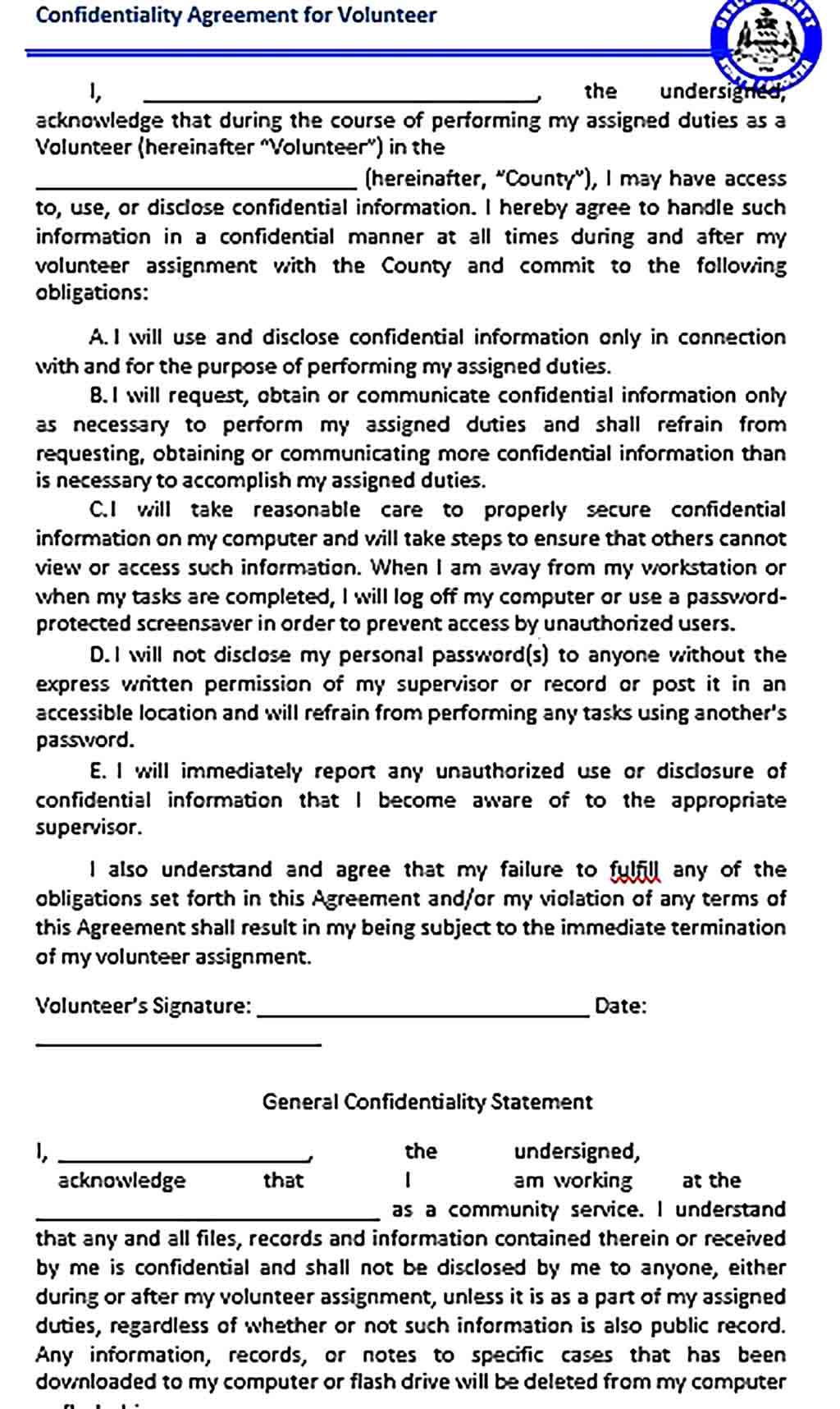 Sample Computer Confidentiality Agreement for Volunteer