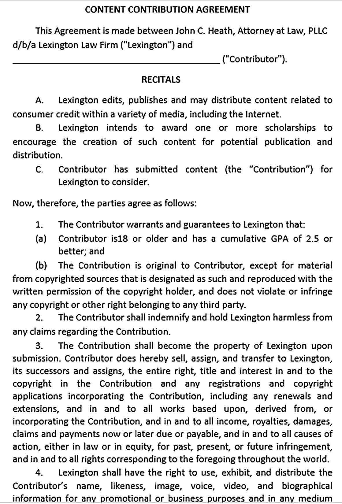 Sample Content Contribution Agreement