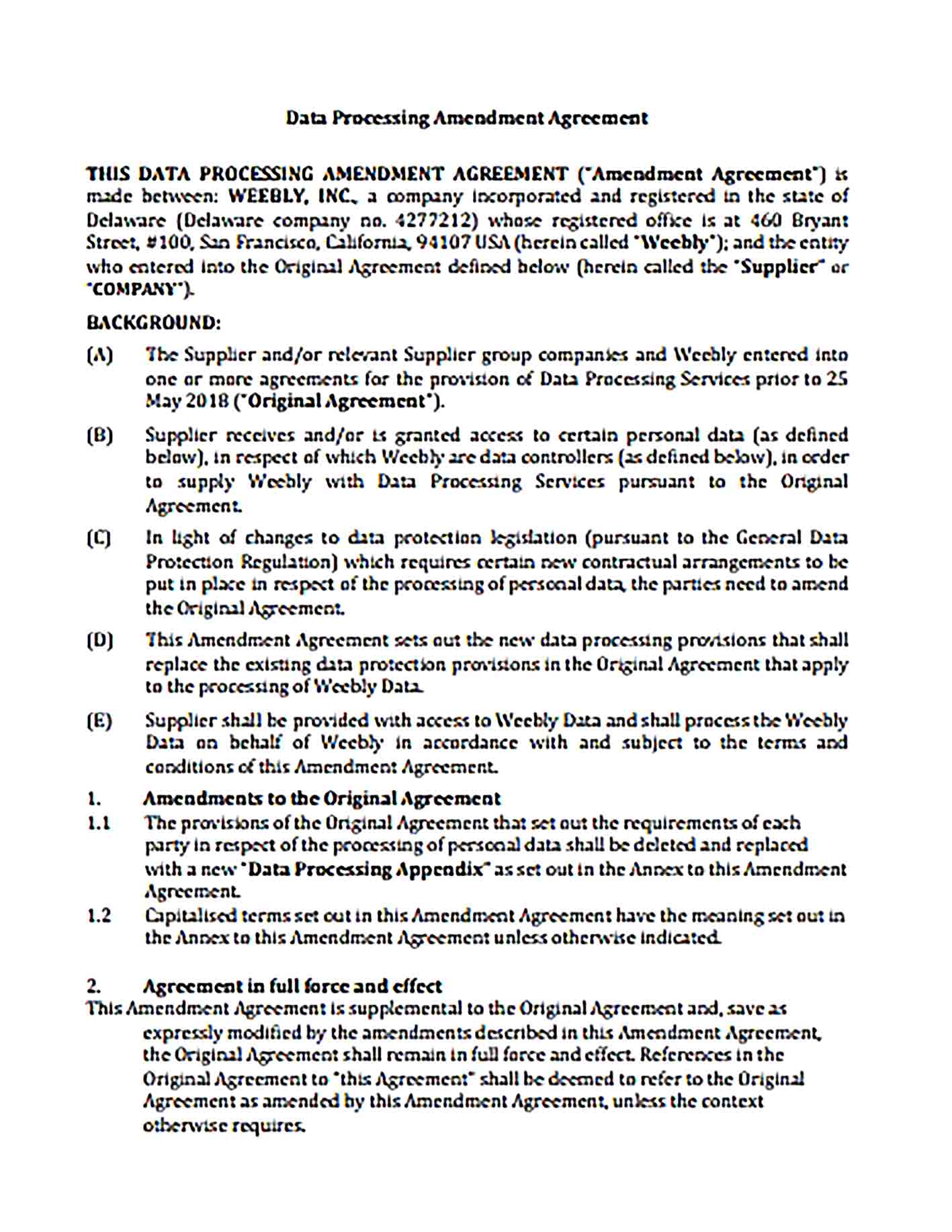 Sample Data Processing Amendment Agreement