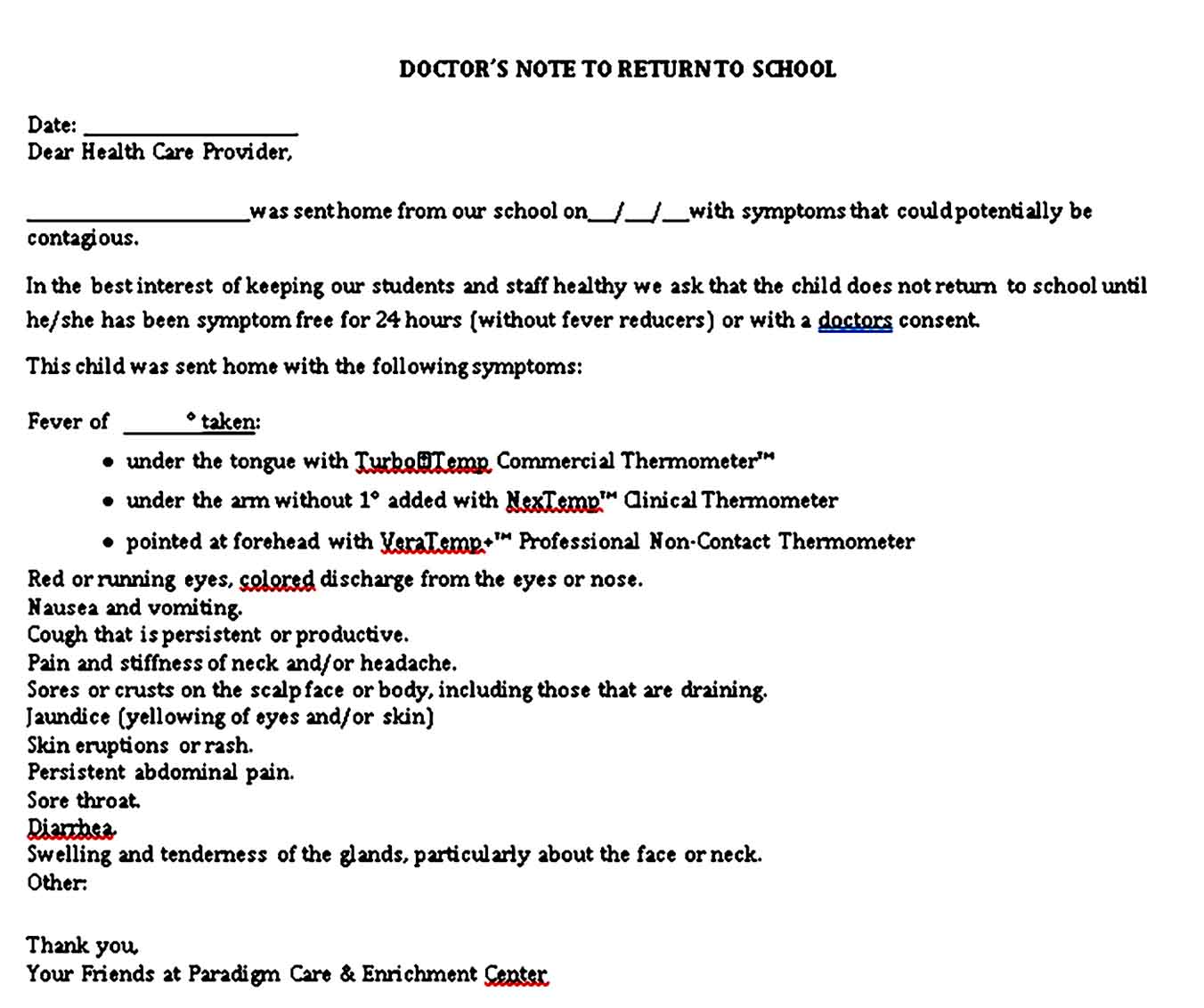 Sample Doctors Note for Student 1