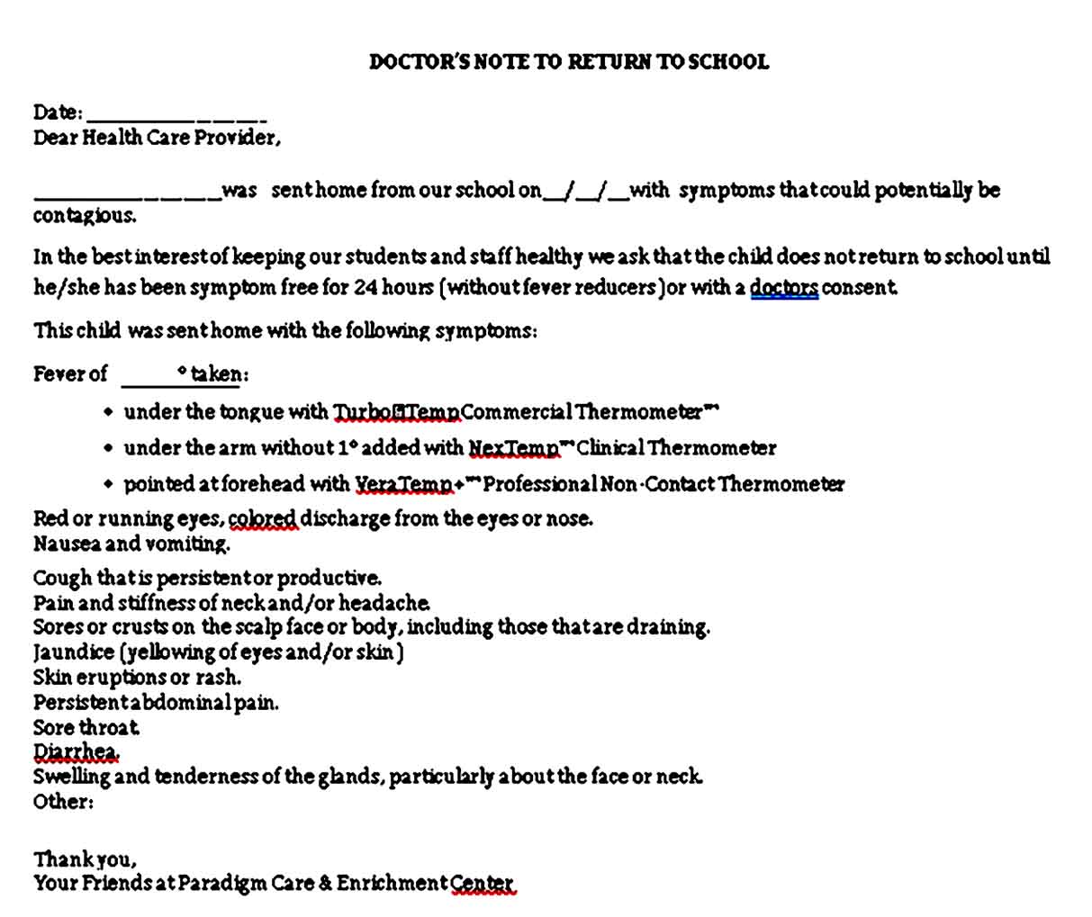Sample Doctors Note for Student