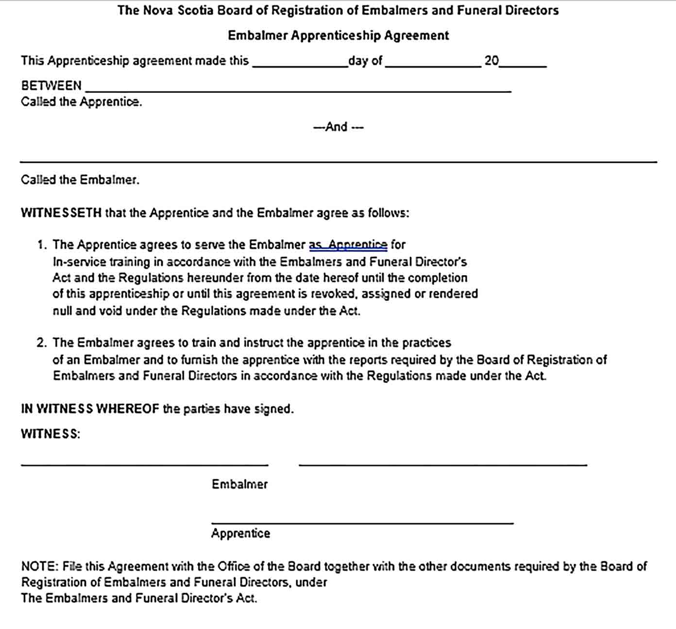 Sample Embalmer Sponsor Agreement