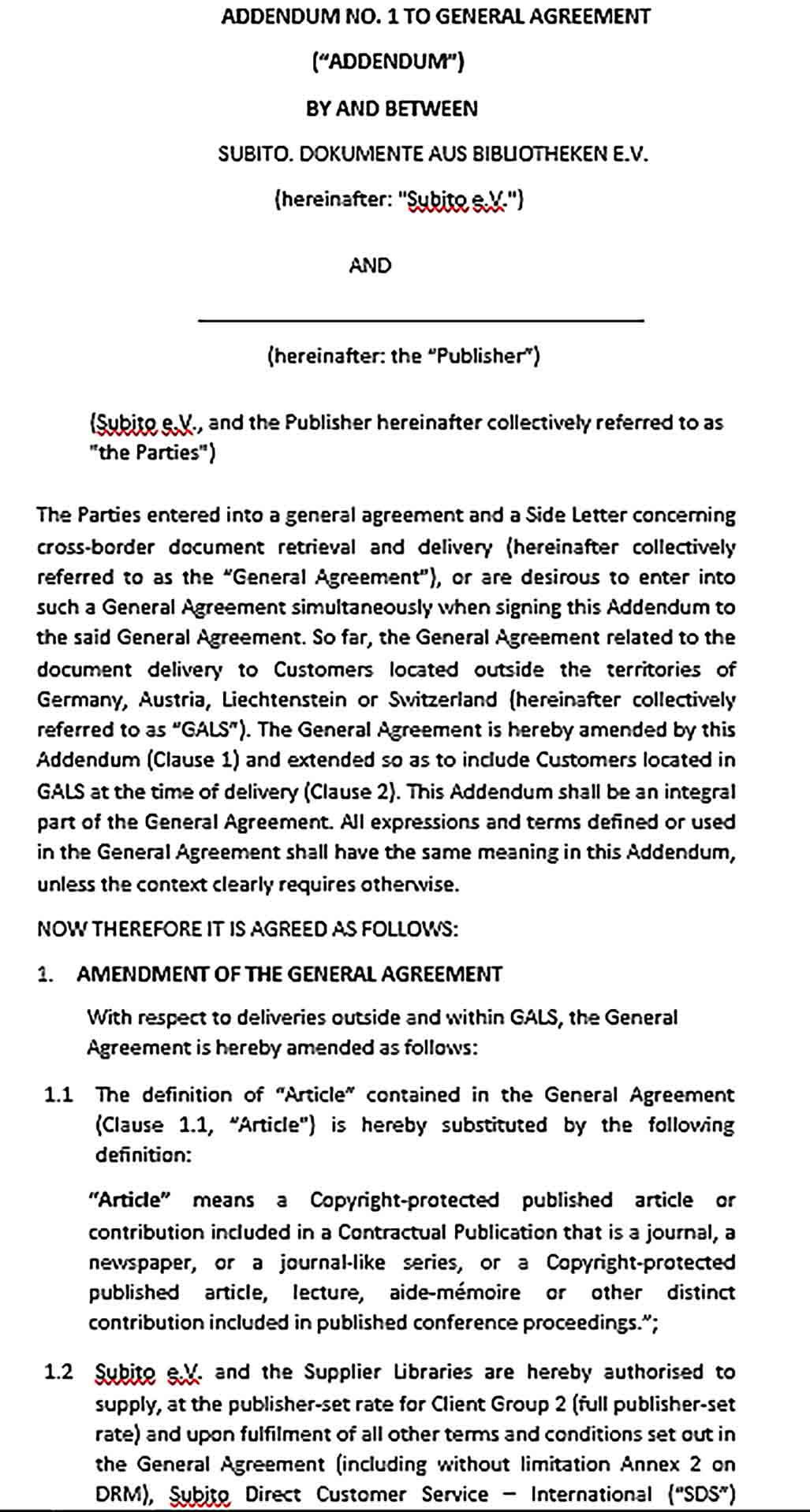 Sample General Addendum Agreement