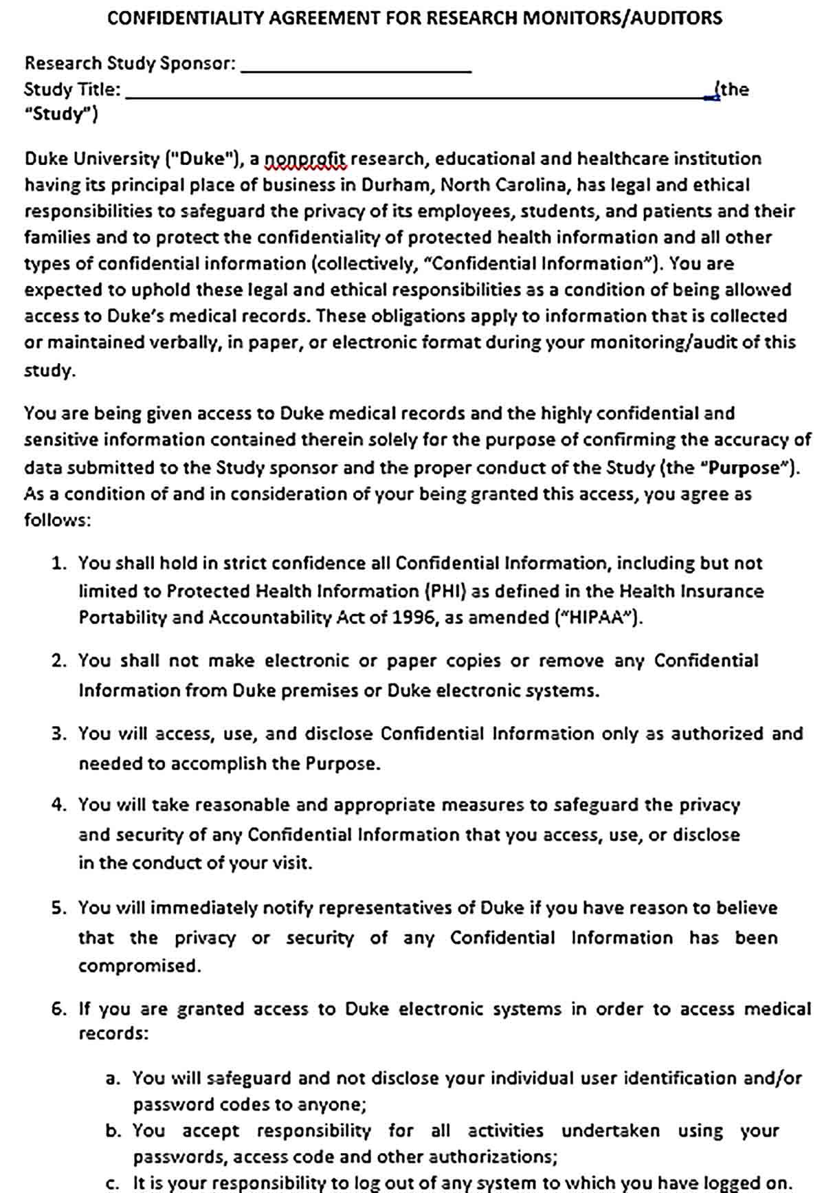 Sample Medical Research Audit Confidentiality Agreement