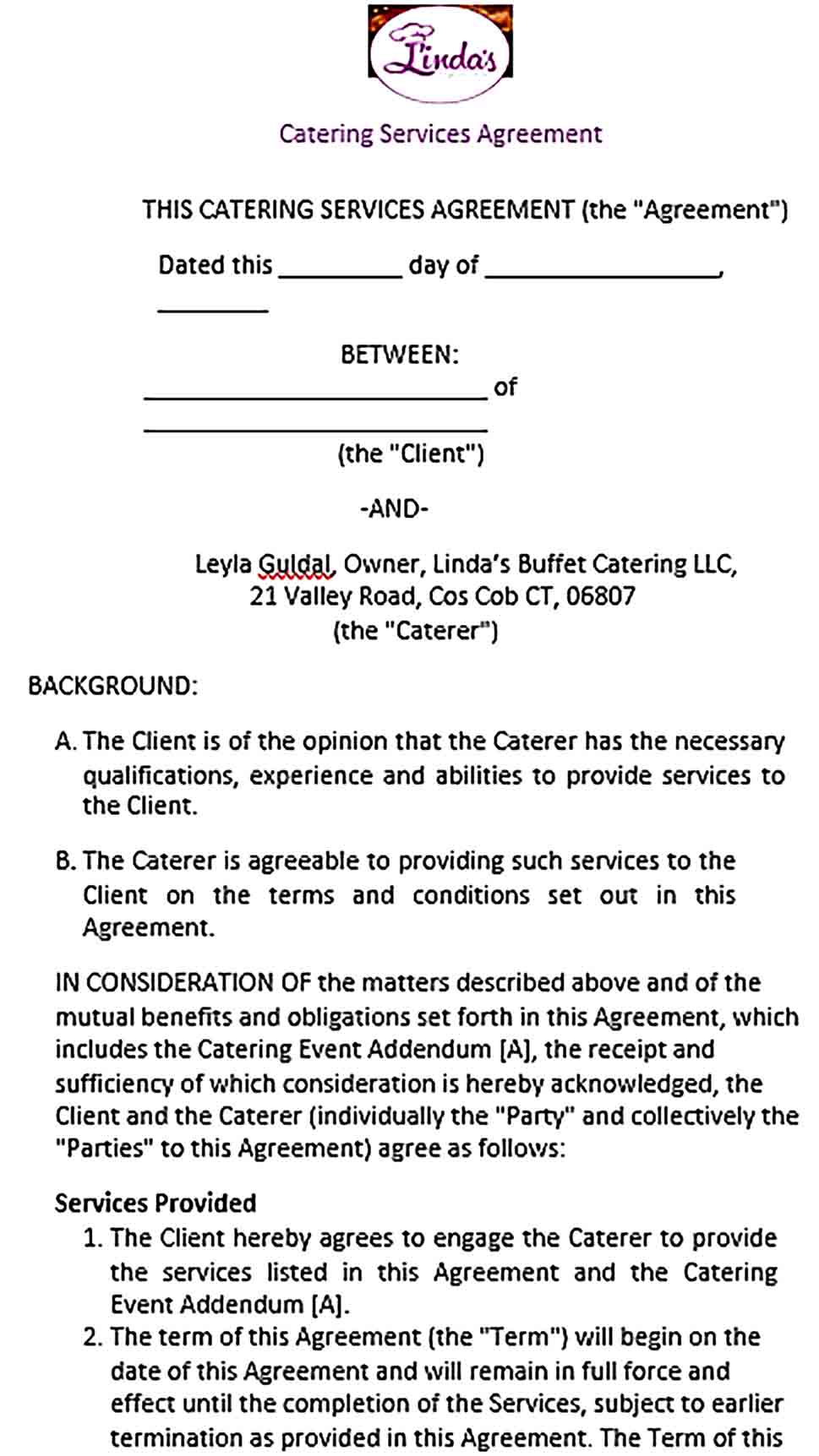 Sample Printable Catering Service Agreement