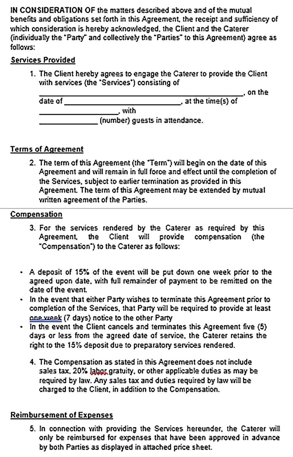 Sample Professional Catering Service Agreement