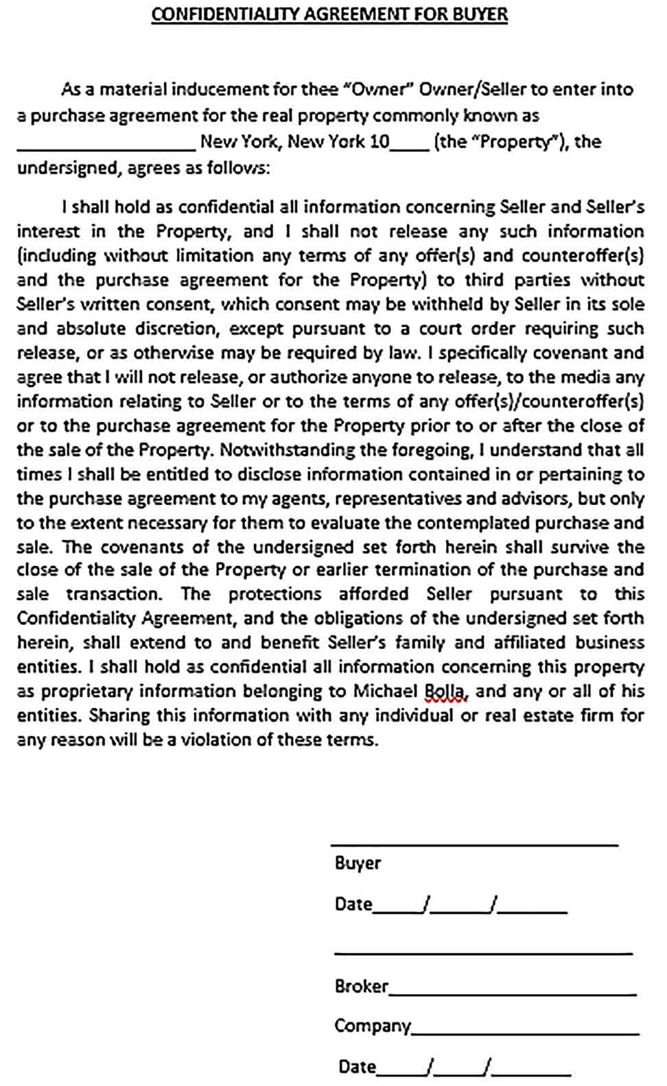 Sample Real Estate Confidentiality Agreement Form