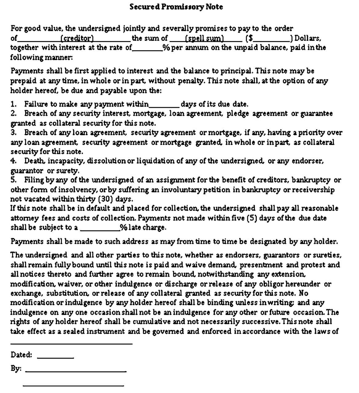 Sample Secured Promissory Note
