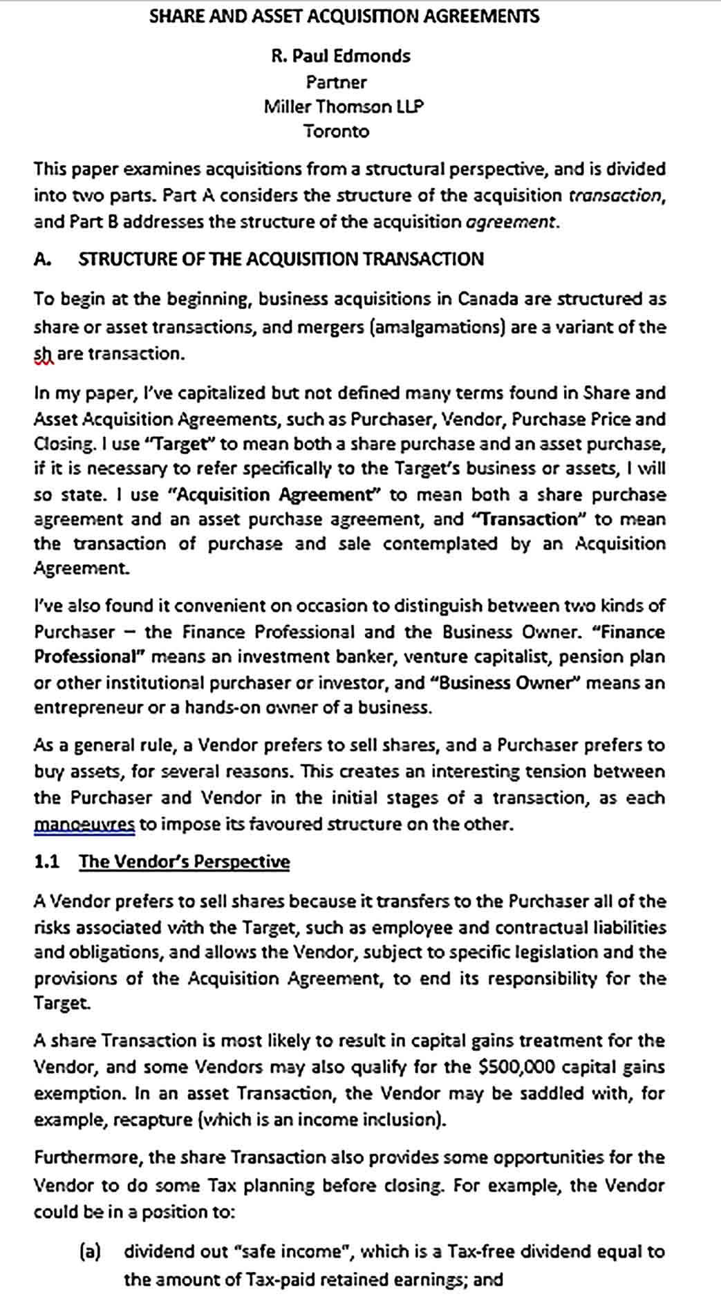 Sample Share Asset Acquisition Agreement