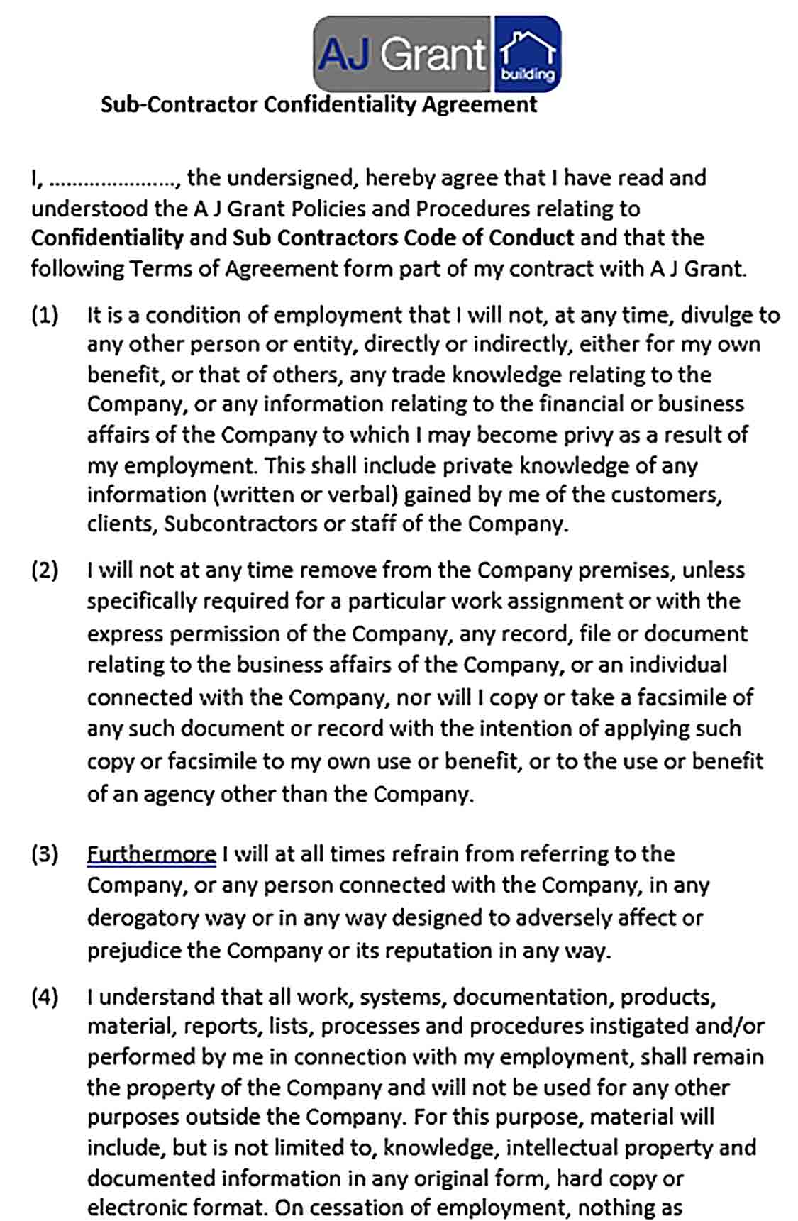 Sample Sub Contractor Confidentiality Agreement