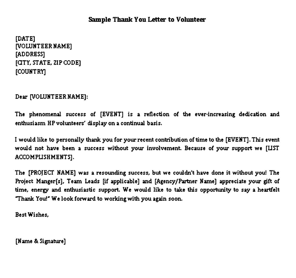 Sample Volunteer Thank You Letter