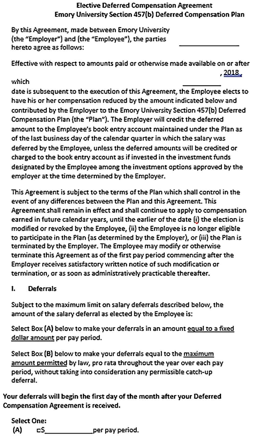 Sample deferred compensation agreement form
