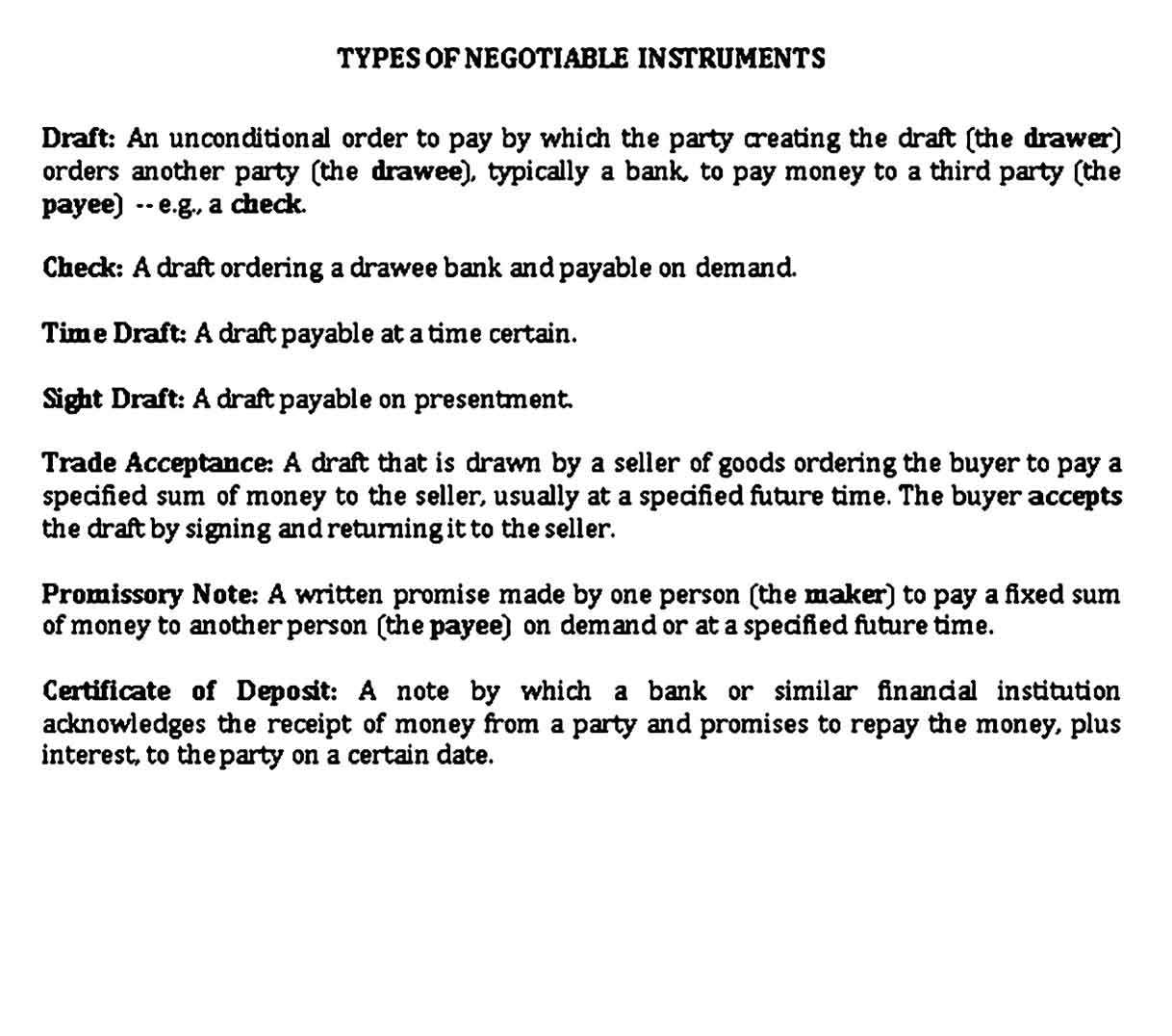 TYPES OF NEGOTIABLE INSTRUMENTS