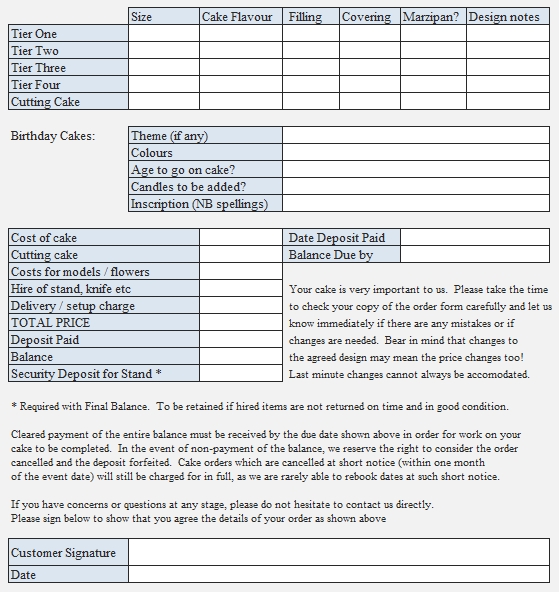 Templates An Excel for Cake Order Form 2 Example