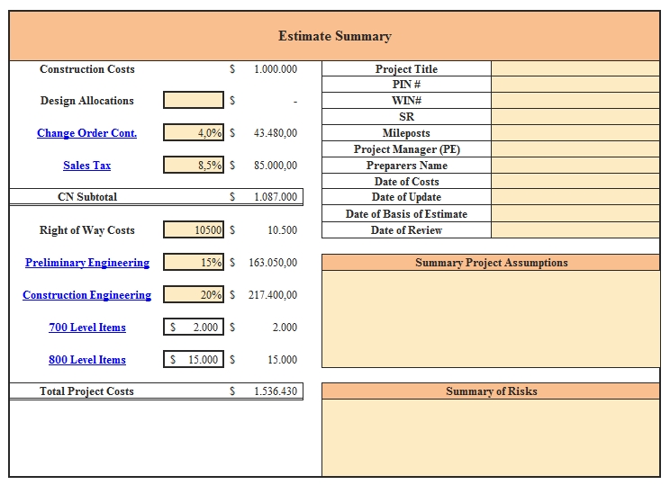 Templates An Excel for Change Order Summery Sheet 1 Example