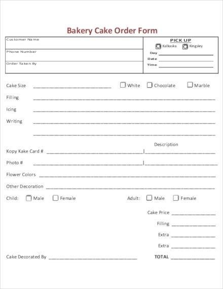 Templates Bakery Cake Order Form Example