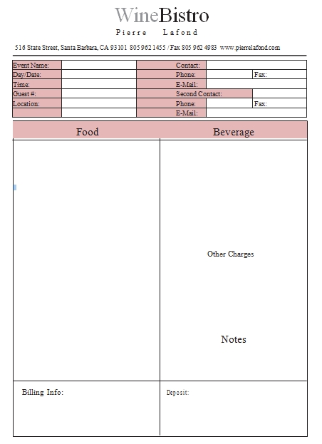 Templates Blank Banquet Event Order in Example