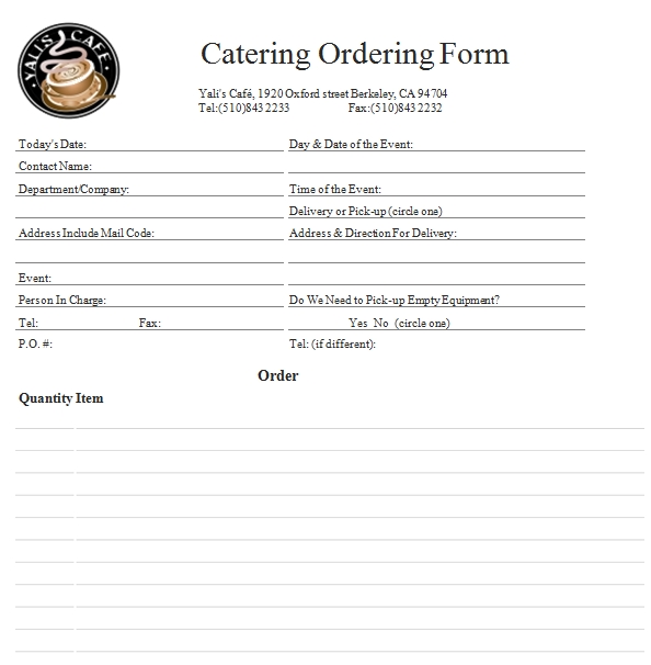 Templates Blank Catering Order Example
