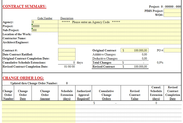 Templates Contract Summary Change Order Excel Example