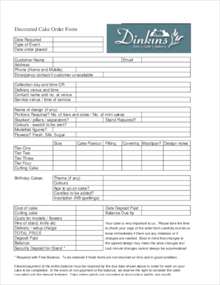 Templates Decorated Cake Order Form Example