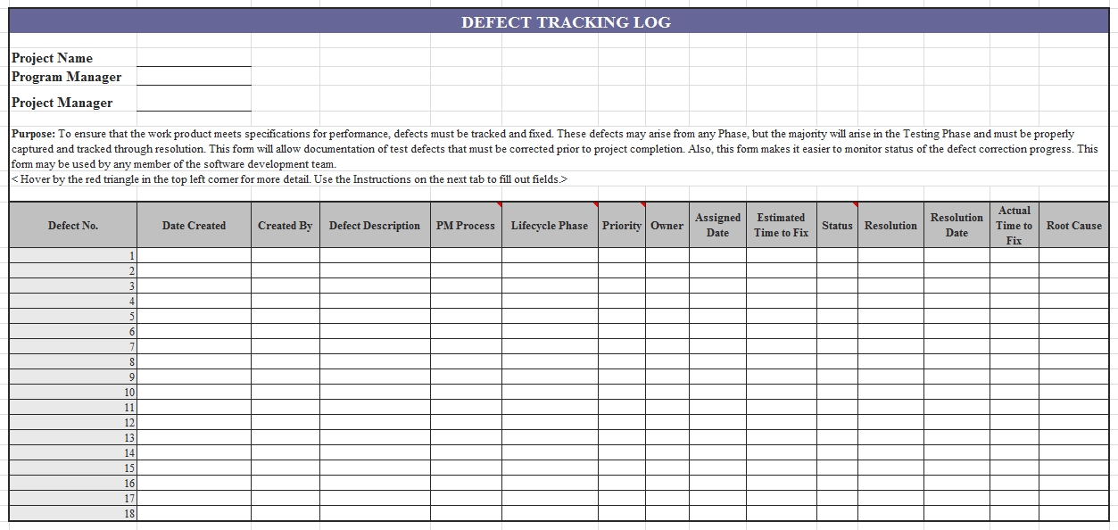 Templates Defect Tracking Log Excel Example