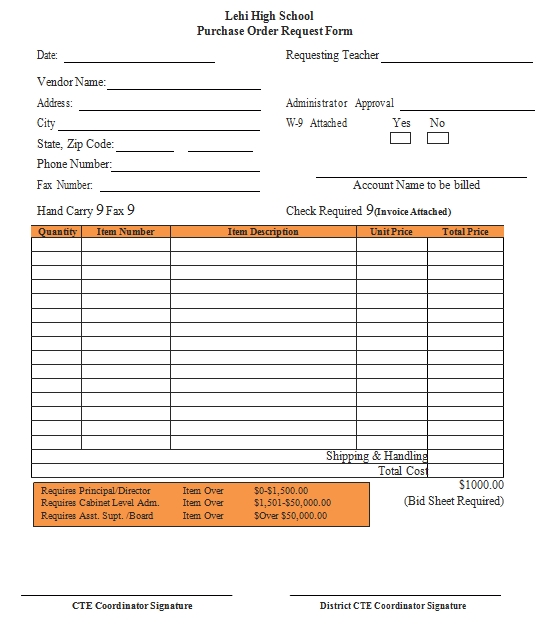Templates Lehi High School Purchase Order Request Form Example