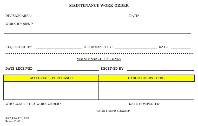 Templates Maintenance Work Order Example