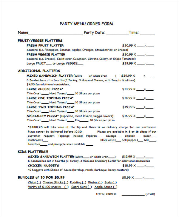 Templates Party Order Example