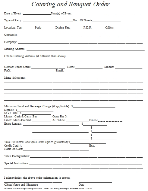 Templates Printable Banquet Event Order form Example
