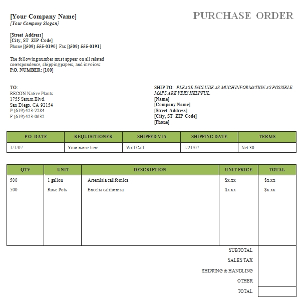 Templates Purchase Order Example