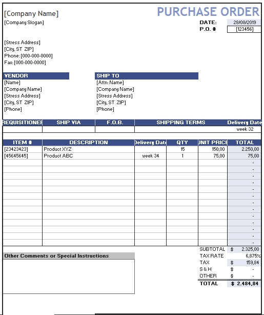 Templates Purchase Order in Excel Format Example
