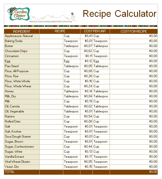 Templates Recipe Calculator for Bakery Order Excel Example