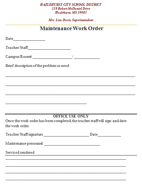Templates School Maintenance Work Order Example