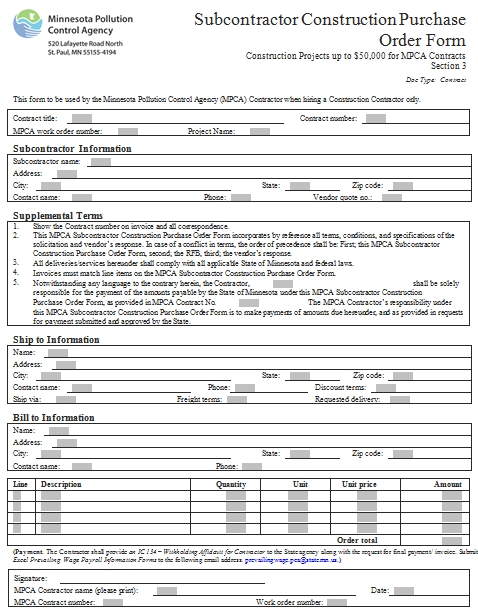 Templates Subcontractor Construction Purchase Order Form Example