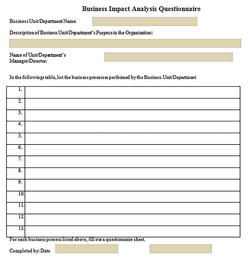 Templates for Blank Business Impact Analysis Sample
