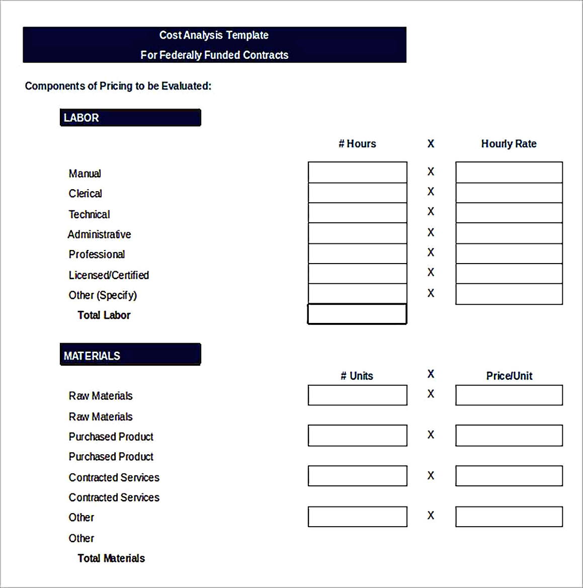 Templates for Editable Blank Vendor Cost Analysis Sample