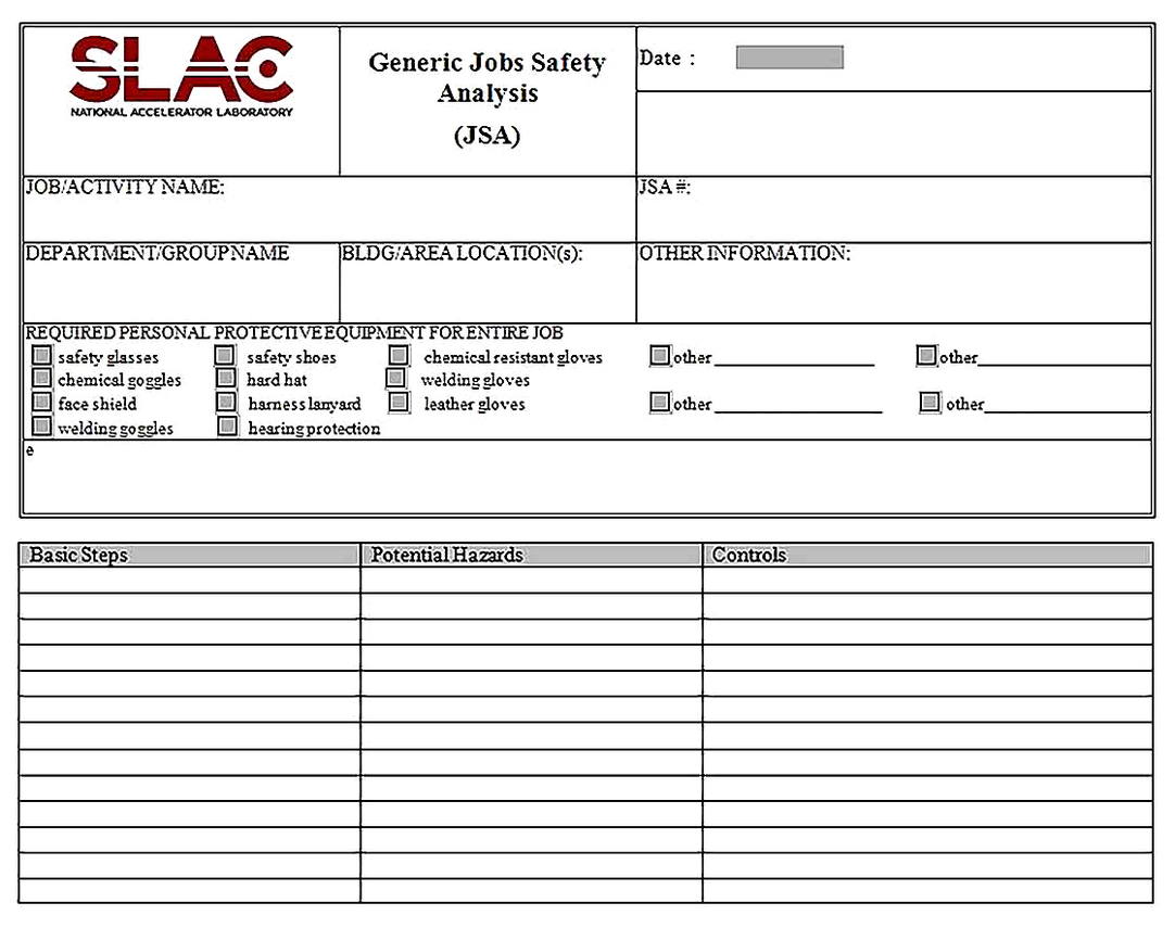 Templates for Generic Job Safety Analysis Form Sample